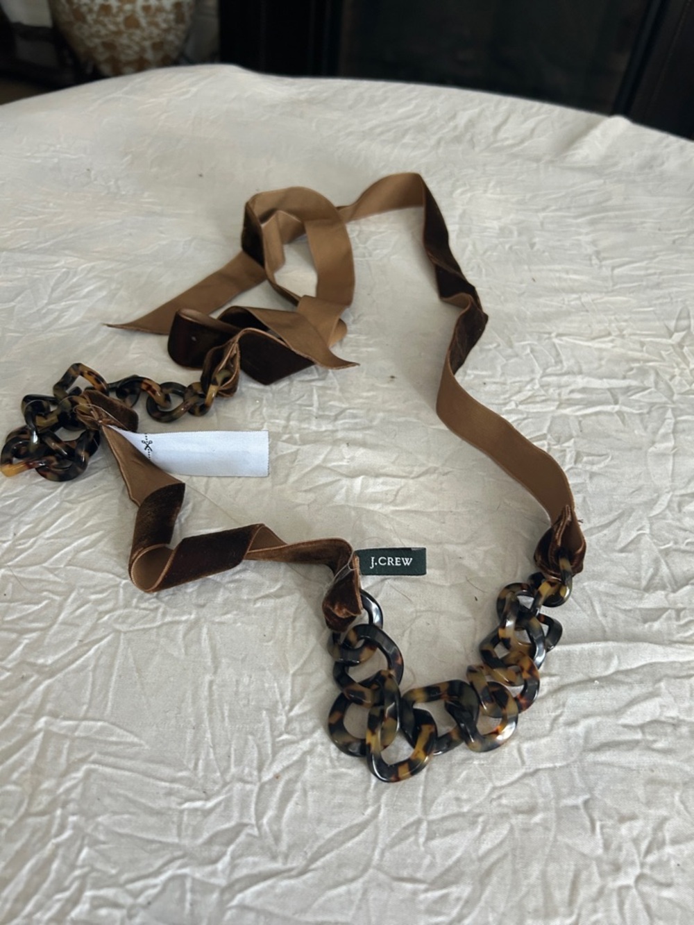 J. Crew Tortoiseshell Link Necklace with Brown Ribbon